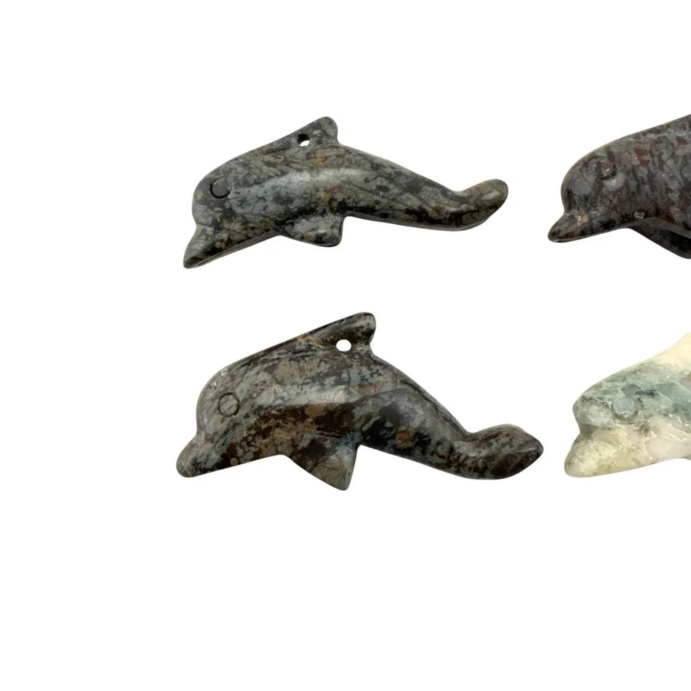 Carved Gemstone Dolphin Charms Agate Marble Beads (5) Drilled for Jewelry